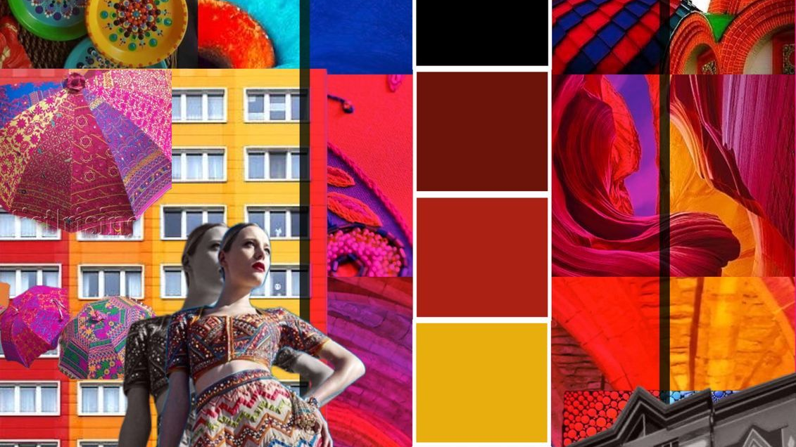 A mood board or collage of fashion color palettes used in different collections.